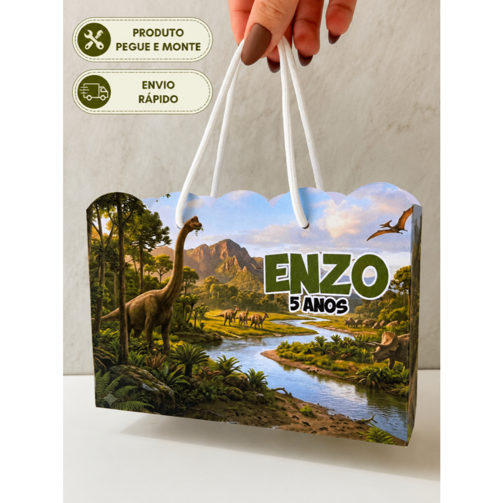 Sacolinha Personalizada Dinossauro - Kit 10, 15, 20 e 30 Unidades festa infantil