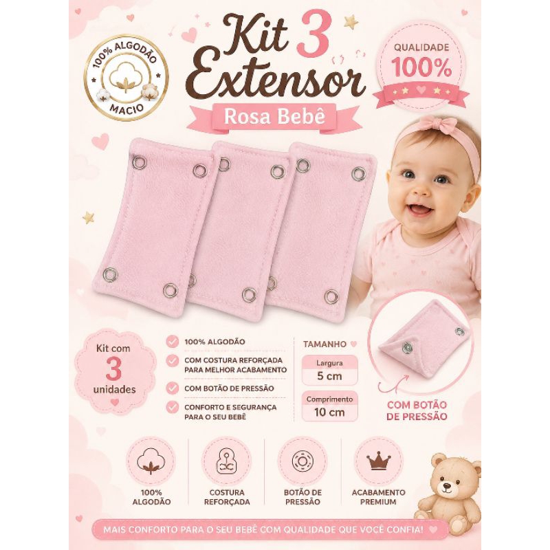 Kit 3, 6, ou 10 Extensor para Body Bebê Menino e Menina | 100% Algodão Duplo com Botão de Pressão e Costura Reforçada