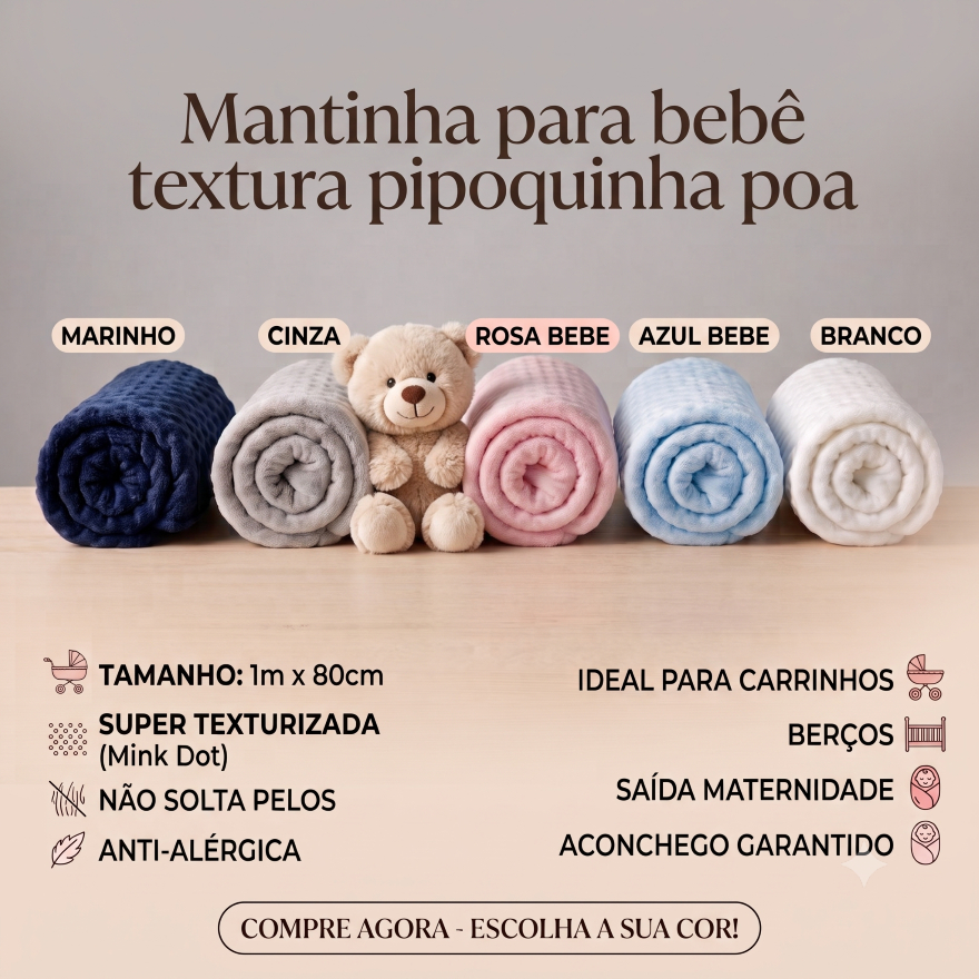Manta Poa Bebê Pipoquinha Antialergica 1m x 80cm | Berço Carrinho e Saída Maternidade