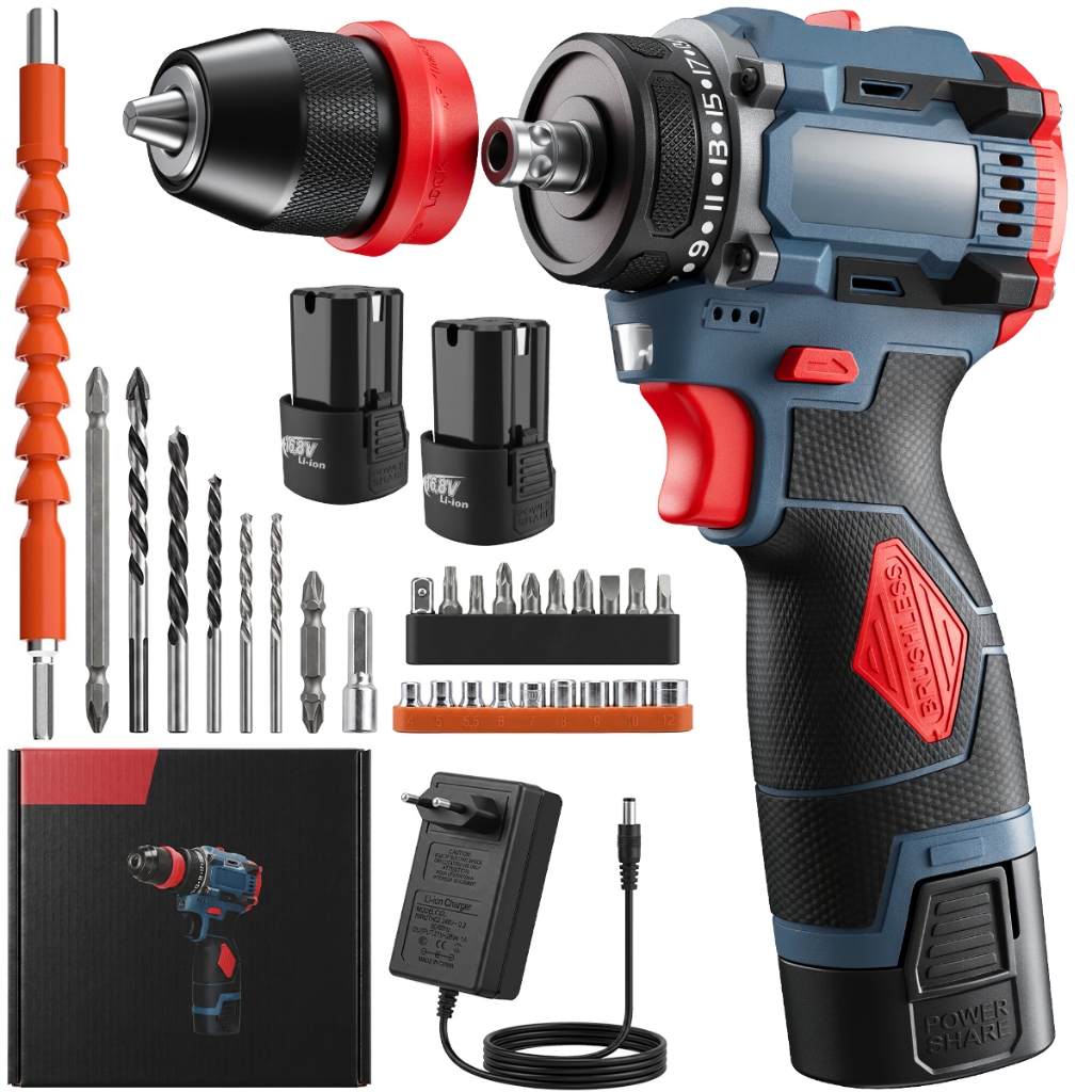 Parafusadeira Furadeira Sem Fio 16.8V 2 Baterias Kit 25 Peças Ferramenta Elétrica Profissional