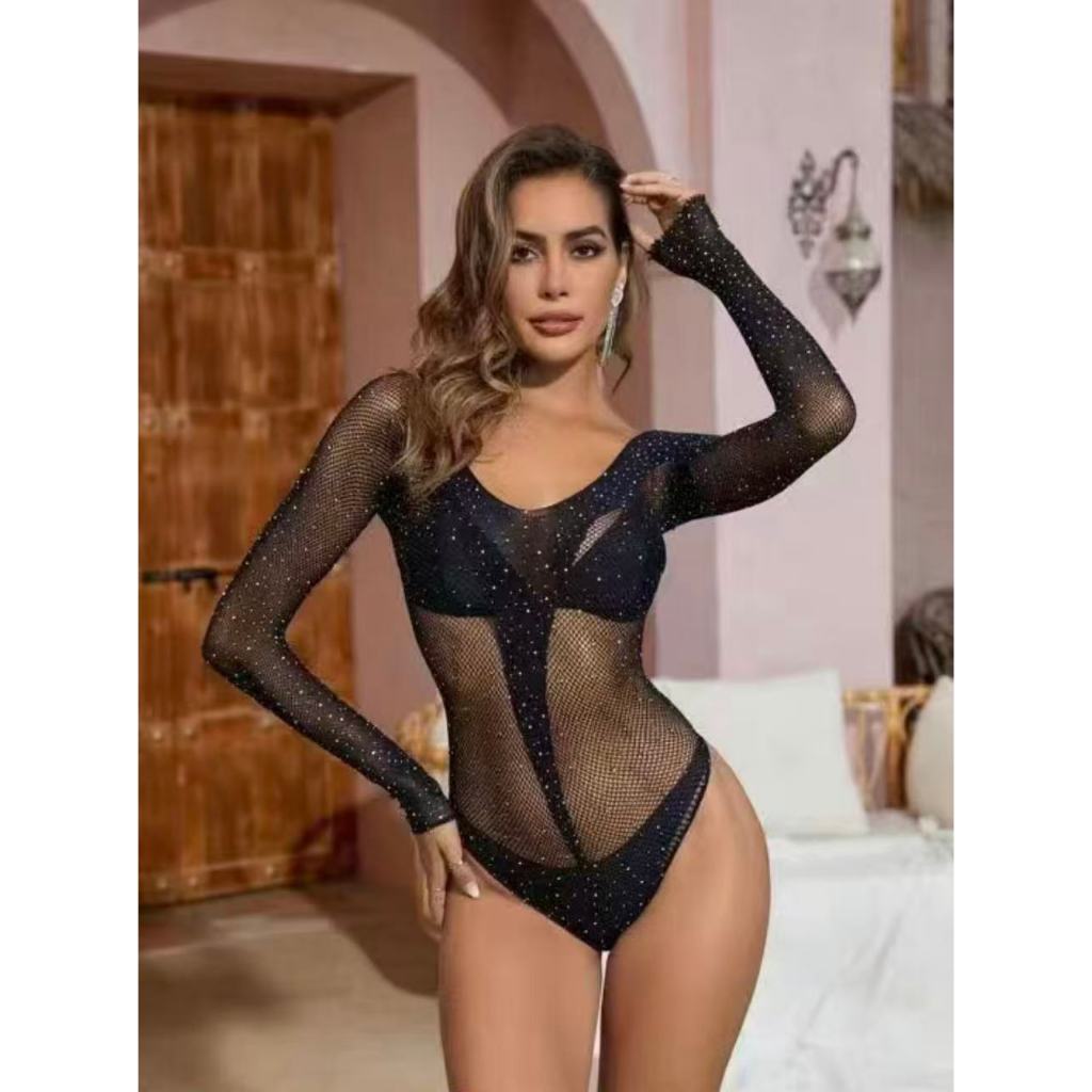Body Arrastão Strass Brilho  cores Preto Branco Vermelho tendência blogueira tamanho grande 36 ao 46 manga longa 816