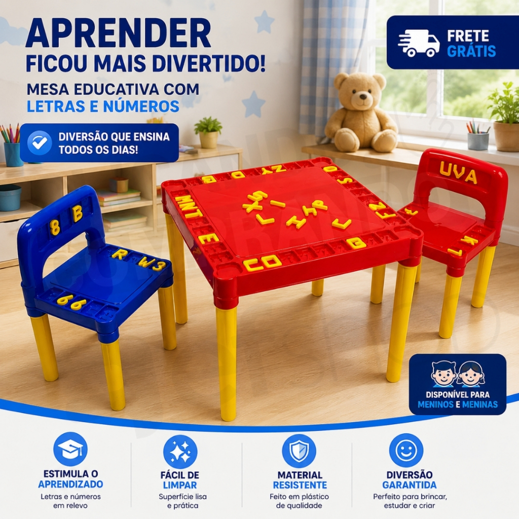 Mesa Infantil Plástico Mesinha Educativa Didática 2 Cadeiras Com Letras e Números