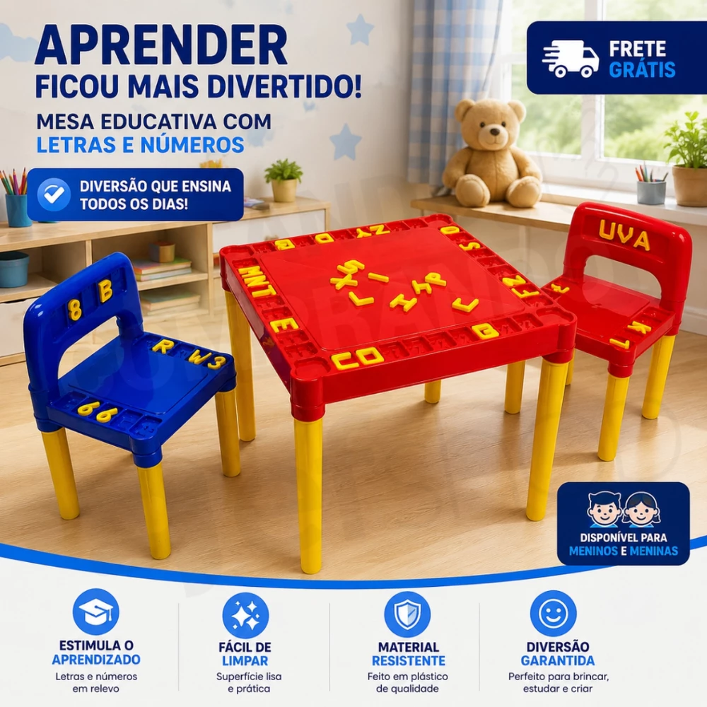 Mesa Infantil Plástico Mesinha Educativa Didática 2 Cadeiras Com Letras e Números