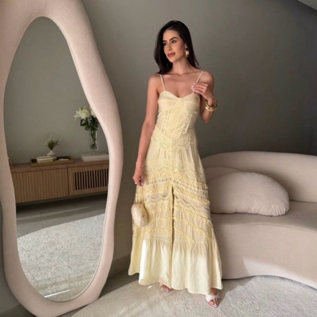 Vestido feminino longo alças finas detalhe renda confortável delicado fenda frontal elegante romântico