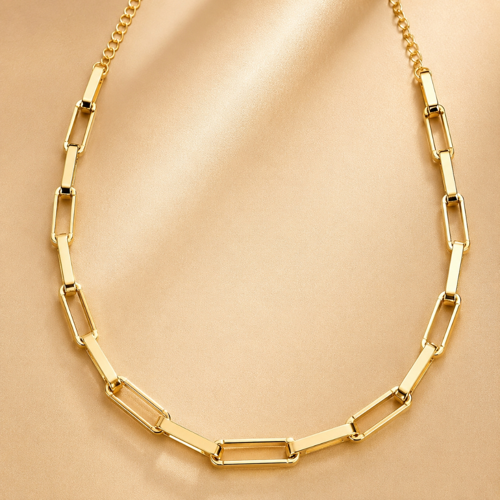 Colar Corrente Elos Retangulares Feminino Dourado  Estilo Luxo Minimalista