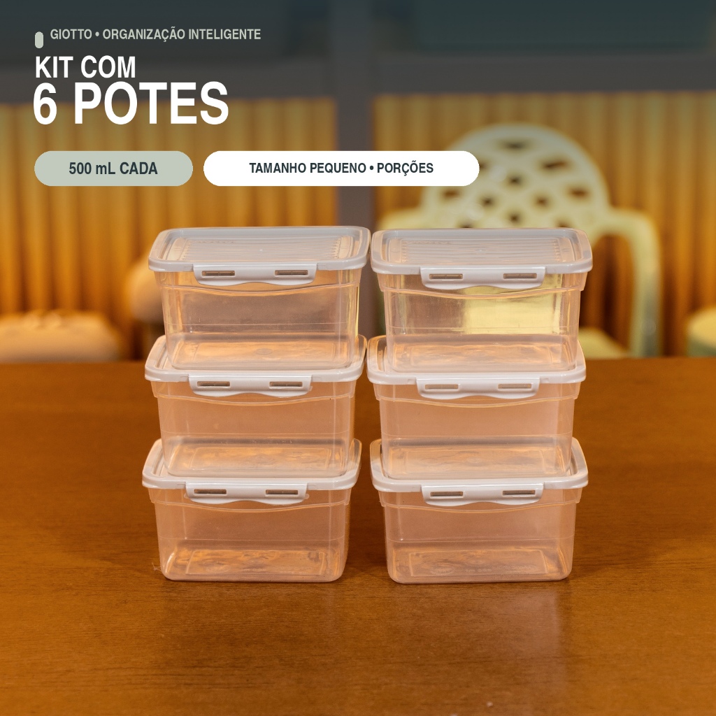 Kit 6 Potes Com Tampa e Trava 500ML Off White Hermetico Fitnes Freezer Microondas Marmitas Giotto