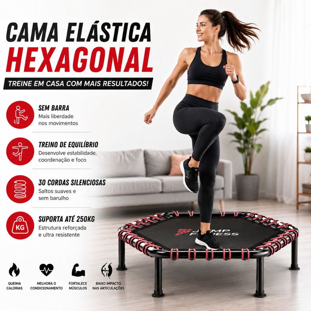 Cama Elástica Hexagonal Sem Barra Jump Fitness 30 Cordas Silenciosa Treino de Equilíbrio Suporta 250kg