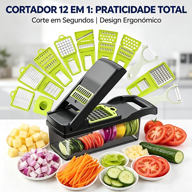 Cortador de Legumes Multifuncional 12 em 1 Mandoline Fatiador Ralador Picador Manual com Lâminas Aço Inox Recipiente Ces