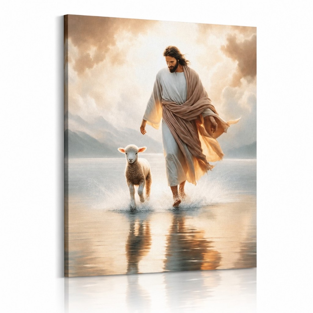 Quadro Decorativo Jesus Bom Pastor Caminhando com Cordeiro Fé Cristã para Sala Quarto e Escritório