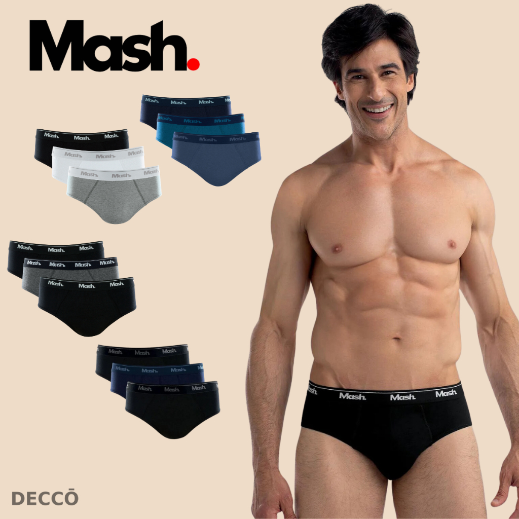 Kit Com 3 Cuecas Mash Slip Modelo Basico Masculino Tradicional Em Algodao Cotton