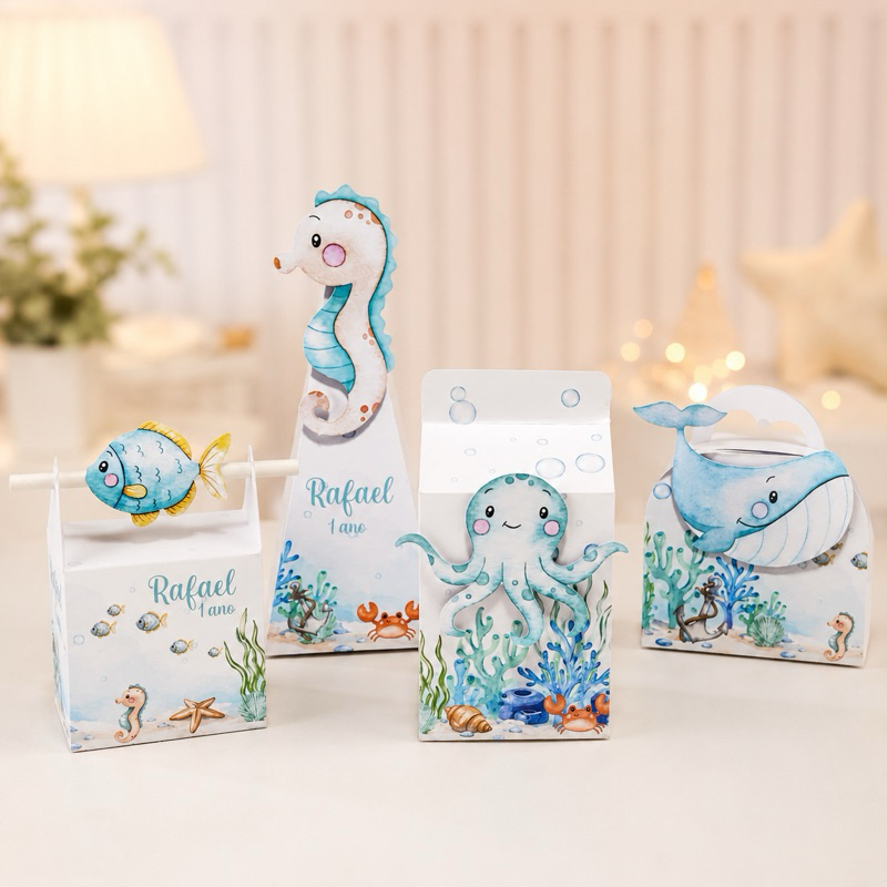 Kit Festa Fundo do Mar Personalizado com nome Caixinhas para decoração de aniversário | Lembrancinha Infantil Menino