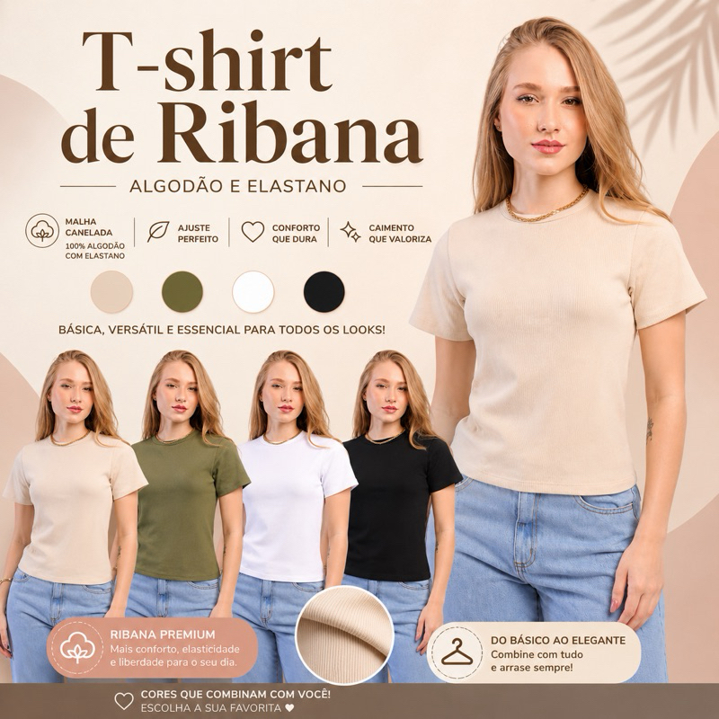 T Shirt Ribana canelada manga gola redonda femininas algodão blusa camiseta básica lisa preta branca nude