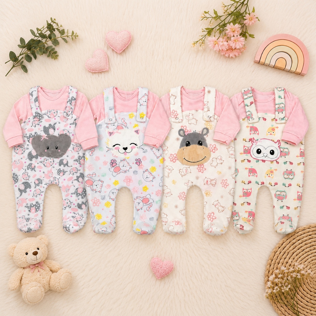 Conjunto Para Bebê Menino Menina Jardineira de Soft Estampada com Body Confortável 02 Peças Bordado