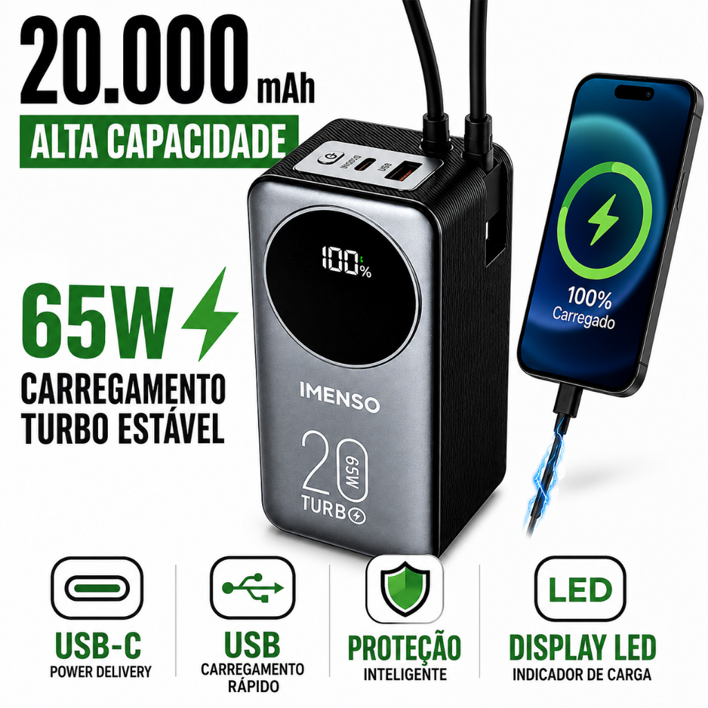 Power Bank 20000mAh 65W com Cabo Integrado - Carrega Notebook, Celular e Tablet | IMENSO