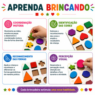 Jogo Educativo Conhecendo as Formas Madeira 15 Formas Geométricas Encaixe Infantil +3 Anos