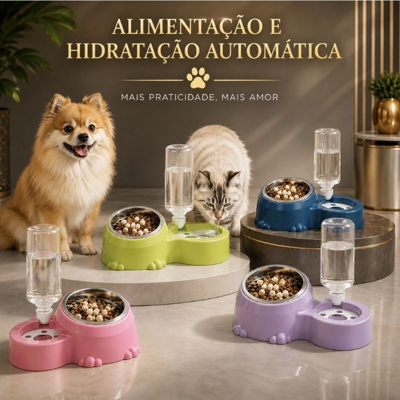 Comedouro E Bebedouro Duplo Pet Automático Para Cães E Gatos 2 Em 1 Postura Correta 300g/500ml