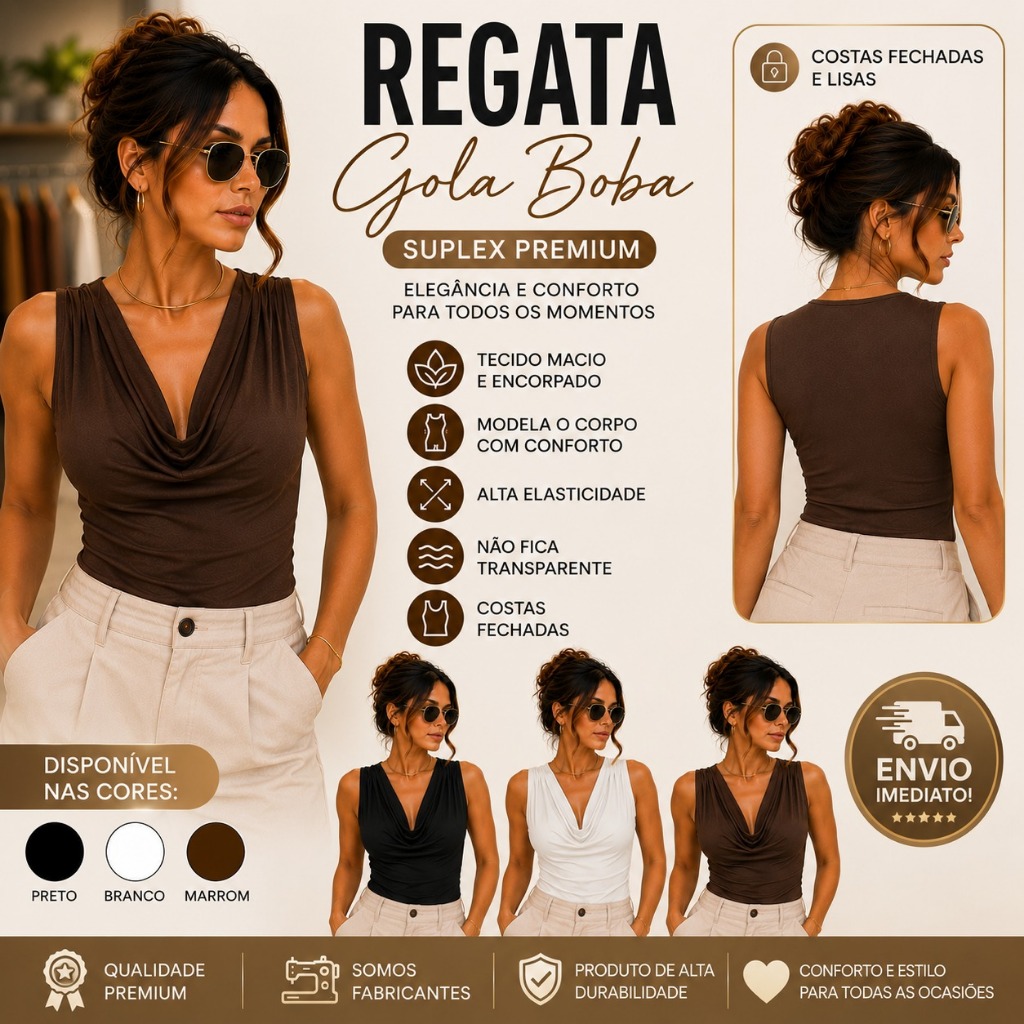 Blusa Regata Feminina Gola Boba Polimiada Suplex Premium Drapeada Elegante Moda Verão