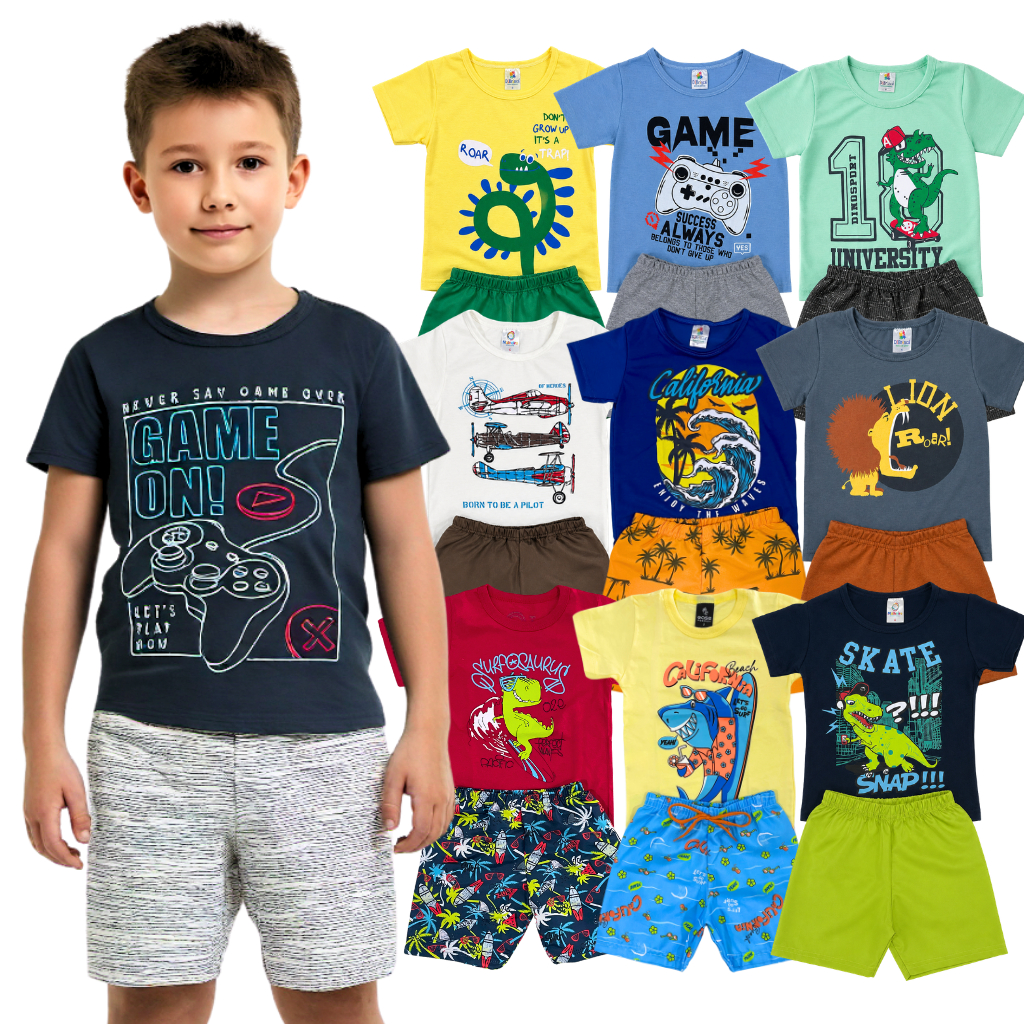 Kit 10 Peças Verão Infantil Menino Camiseta + Bermuda Roupa Masculina Bebê 5 Conjuntos