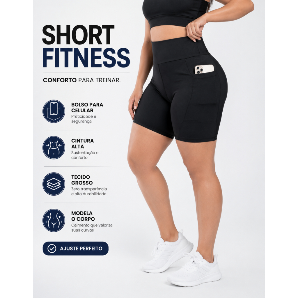 Short Academia Feminino com Bolso Bermuda Ciclista Cós Alto Suplex Fitness Compressão Corrida Cintura Alta