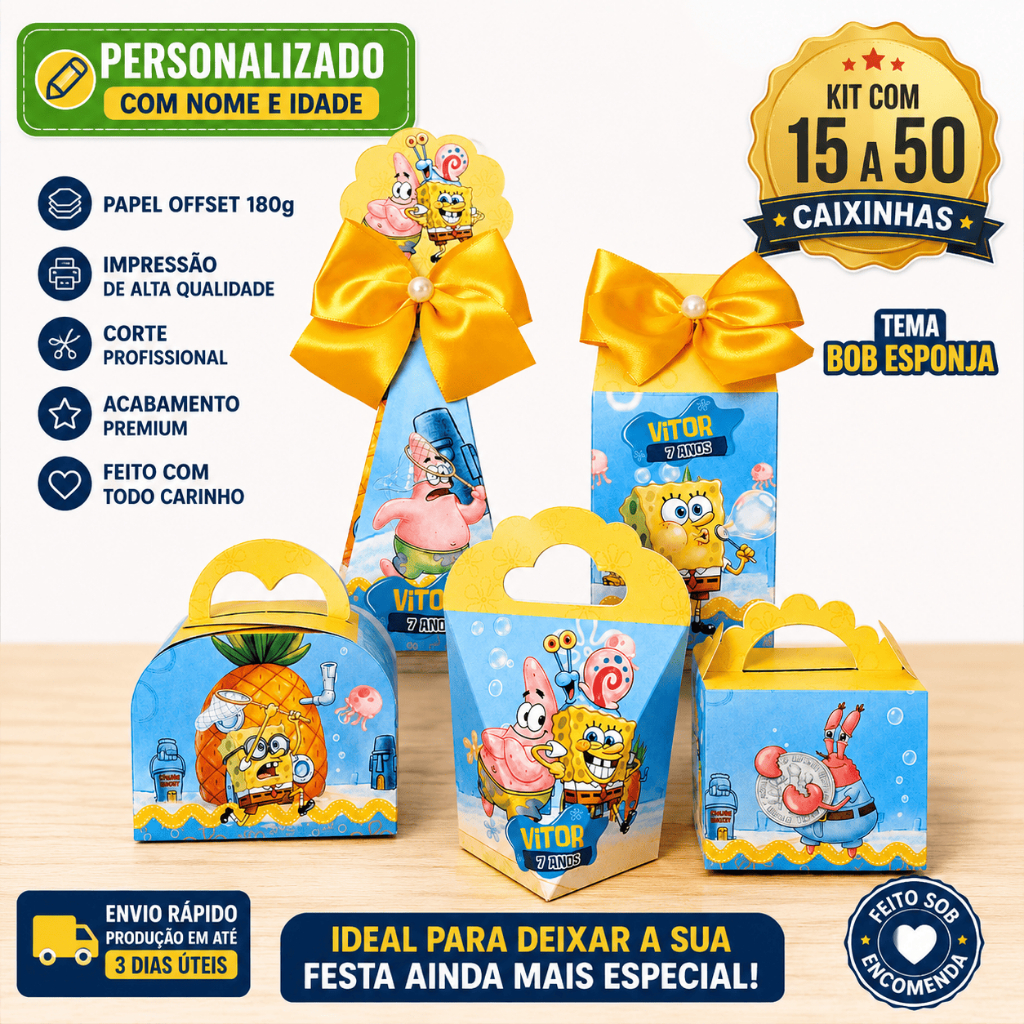 Kit Personalizados Bob Esponja para Festa Infantil Mimo/ Papelaria/ Caixinhas/ aniversário