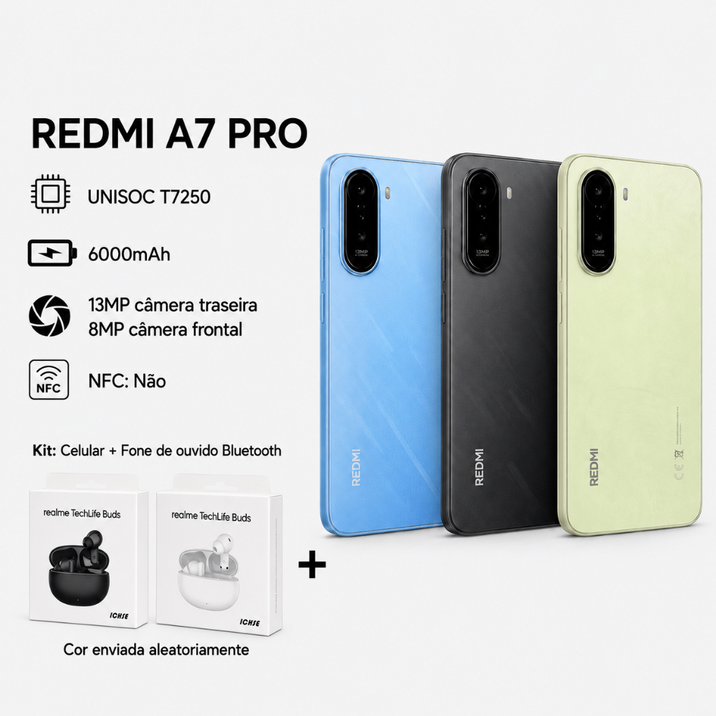 Kit：Xiaomi Redmi A7 PRO 4G+Realme Techlife Buds, Versão Global, Bateria 6000mAh,