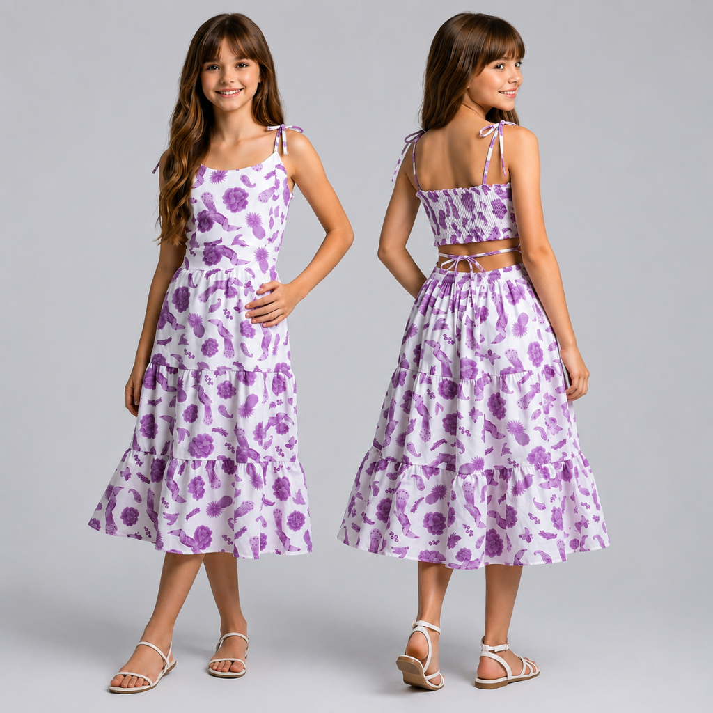 Vestido Juvenil Vestido Estampado Evasê Com Laço Menina Infantil Vestido Floral
