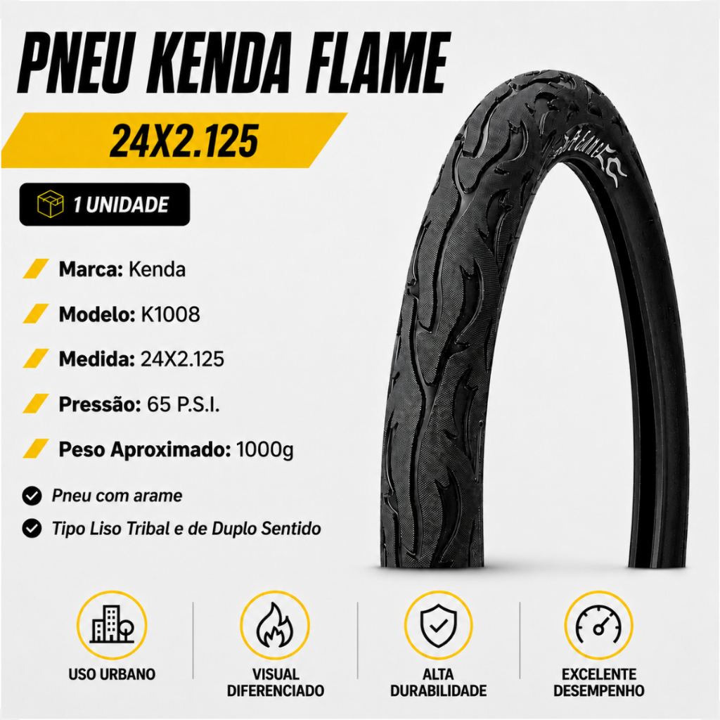 Pneu Aro 24 X 2.125 Bike Kenda Flame Slick Modelo Fogo Balão Bicicleta Infantil Scooter Montadinha