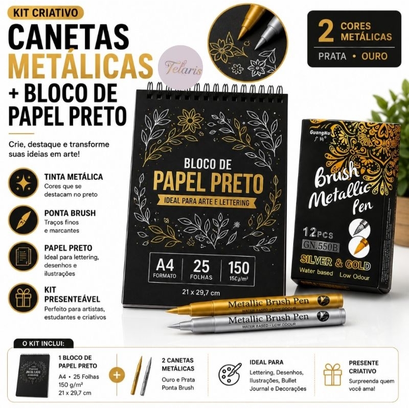 Kit Canetas Metálicas Brush + Bloco Papel Preto A4 25 Folhas 150g Scrapbook Caligrafia Desenho Artístico Premium