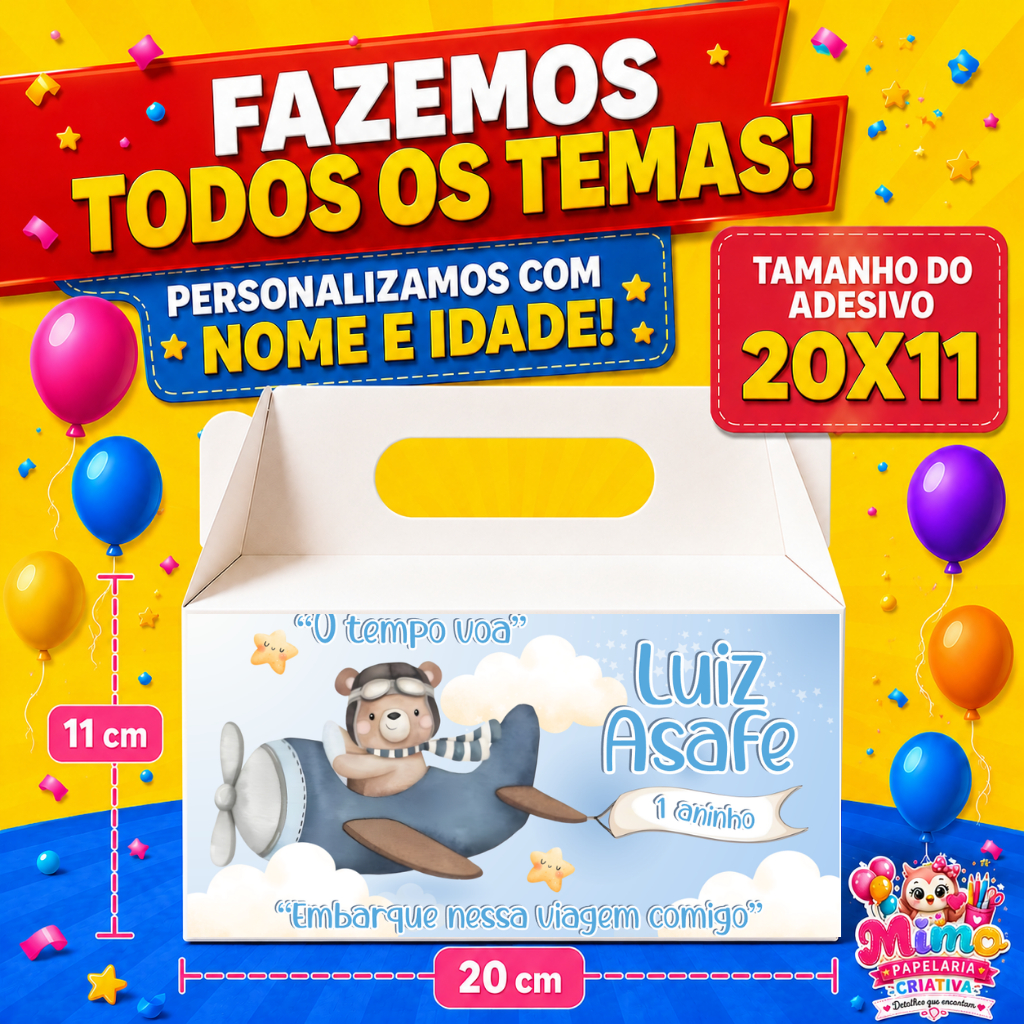 *PROMOÇÃO* ADESIVO PARA CAIXA MALETA PERSONALIZADO COM NOME E IDADE - URSINHO AVIADOR - FAZEMOS TODOS OS TEMAS