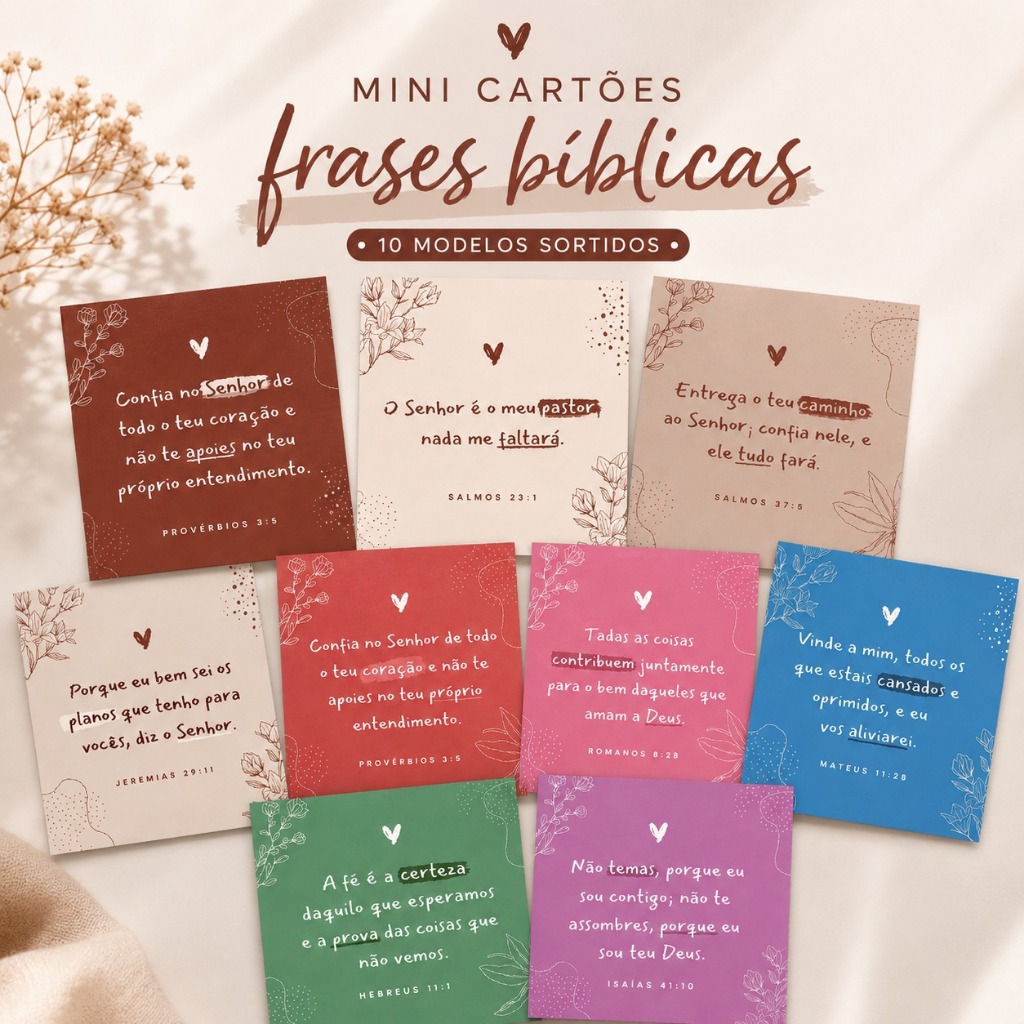 Mini Cartões Versículos Bíblicos Misto- Brinde Mimo para Cliente Frases Deus-50/100/250 und