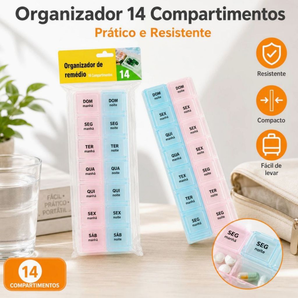 Porta Comprimidos Semanal 14 Dias Compartimentos Organizador de Remédios Caixa de Medicamentos