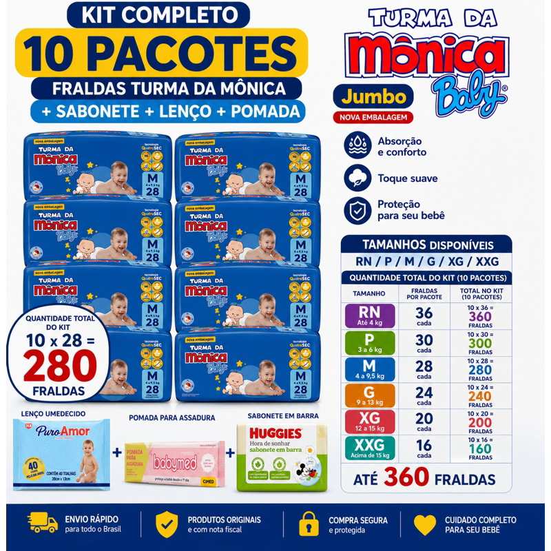Kit 10 pacote de fralda turma mônica tamanho do RN ao XGG + sabonete + lenço umedecido