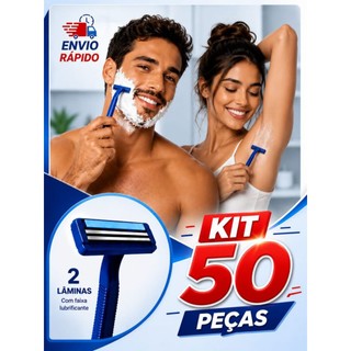Kit Conjunto  Barbeador Descartável Para Barbear Depilar 50 Peças Prestobarba  Com 2 Lâminas Barbearia Promoção