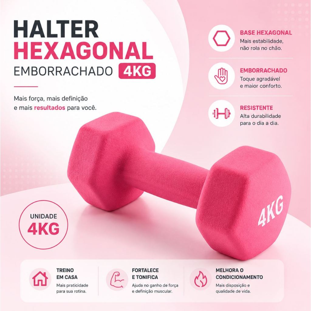 HALTER de 4 KG Emborrachado Antiderrapante Cor PINK - Para Treinos em Casa, Ar livre e Academia
