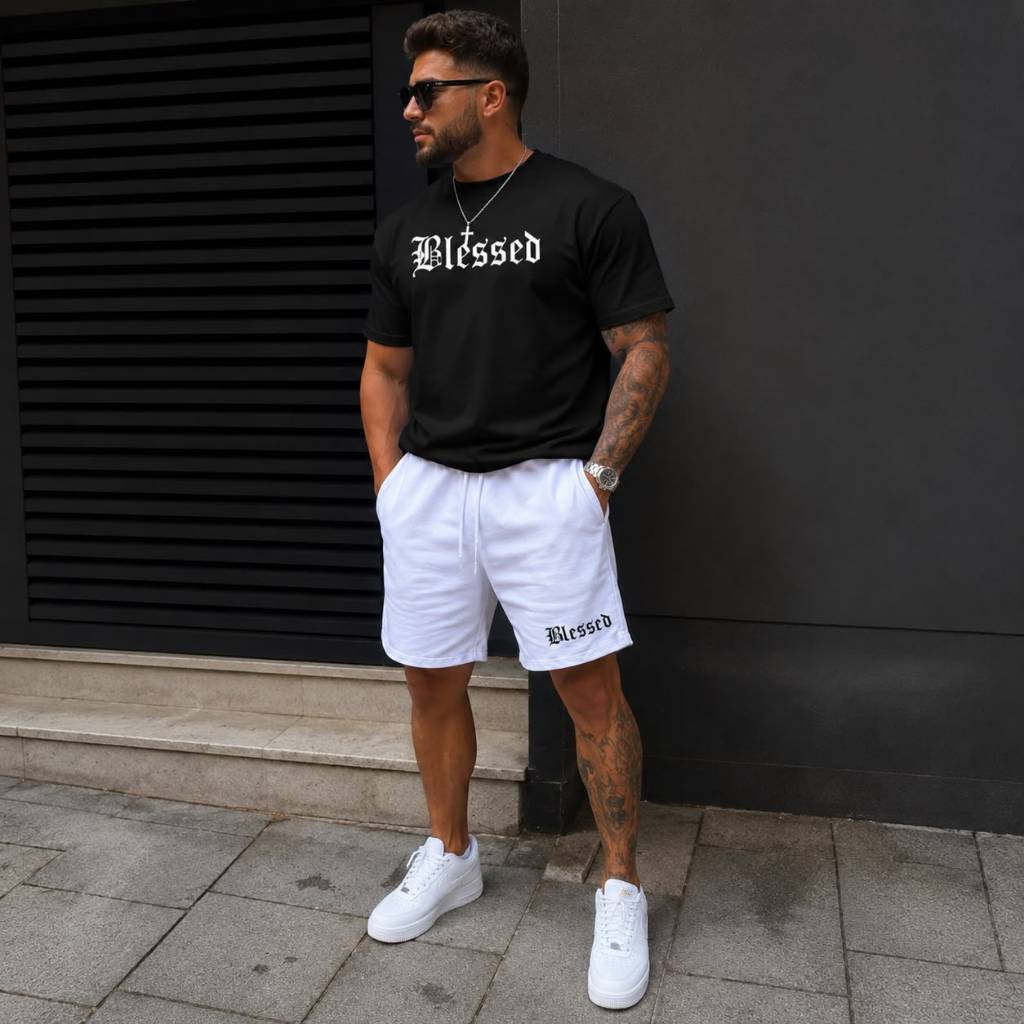 Kit Conjunto Camiseta Blessed Algodão + Bermuda Masculina Tectel Streetwear Premium Conjunto Verão Casual Moda Urbana