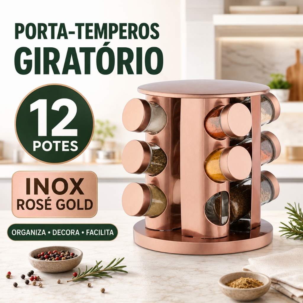 Porta Temperos Giratório 12 Potes em Inox Rosé Gold Organizador de Cozinha