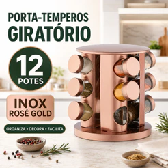 Porta Temperos Giratório 12 Potes em Inox Rosé Gold Organizador de Cozinha