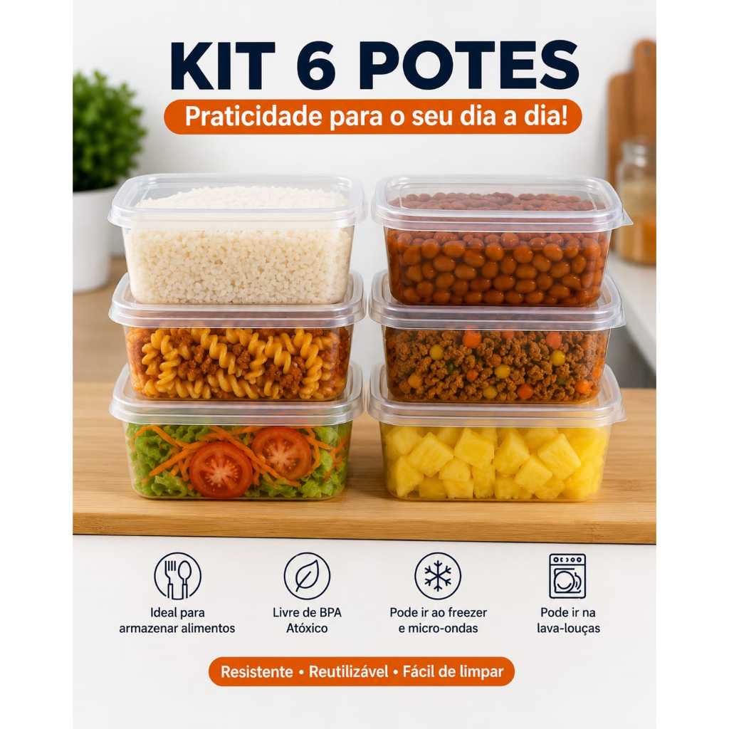 Kit Potes Marmita 500ml Retangular Transparente BPA Free Micro-ondas Freezer Lava Louças