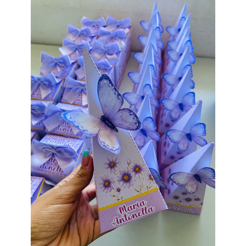 Caixinha Pirâmide Jardim das Borboletas Personalizada | Lembrancinha Festa Infantil | Kit 5, 10, ou 15 Unidades