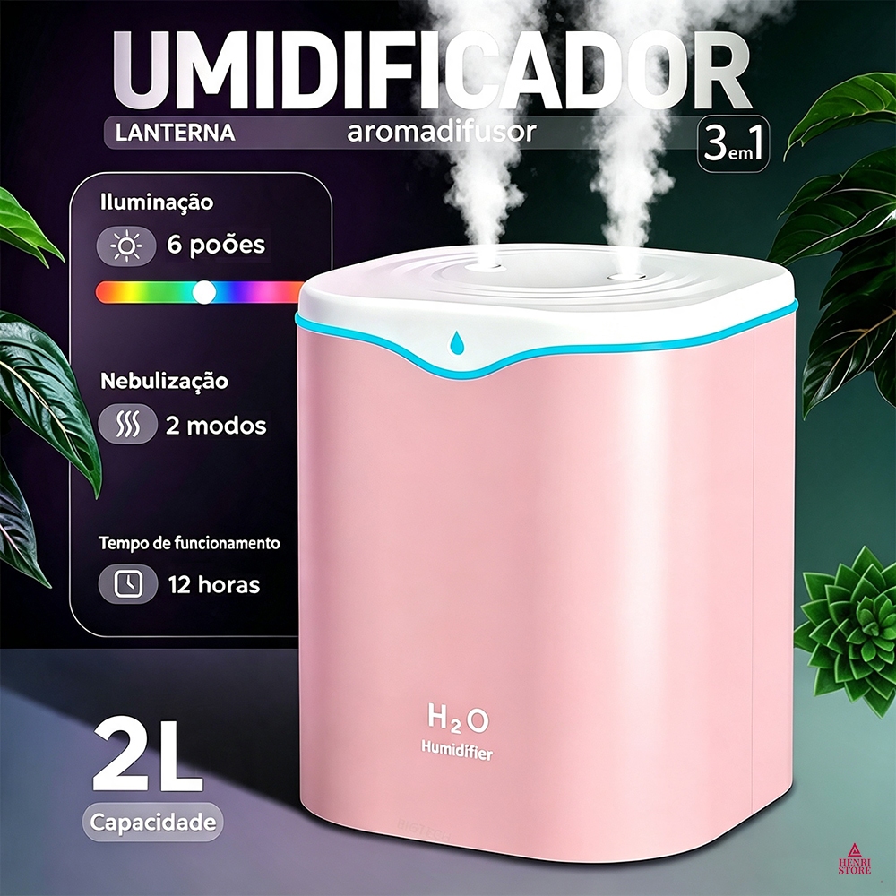 Grande Umidificador De Ar E Aromatizador Saída Dupla Difusor De Aromas Silencioso 2000ML