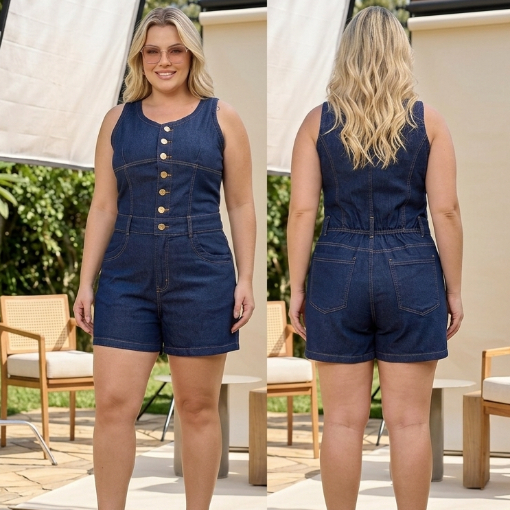 Macacão feminino Regata meia coxa Jeans com Lycra - Plus size botões #plussize #macacãojeans #modafeminina #macaquinho