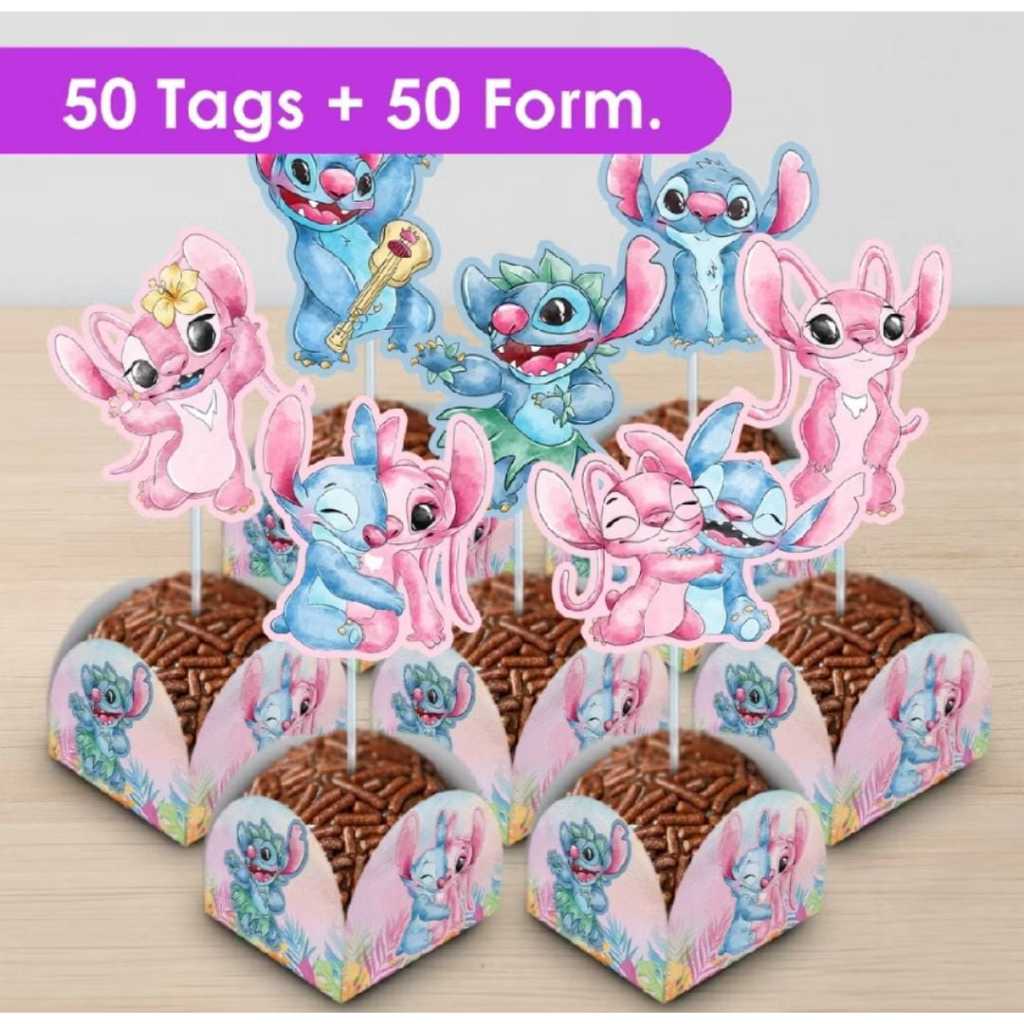 kit topo de docinhos + forminhas doces topper brigadeiro infantil festa Stitchi - leia a descricao tags personalizadas