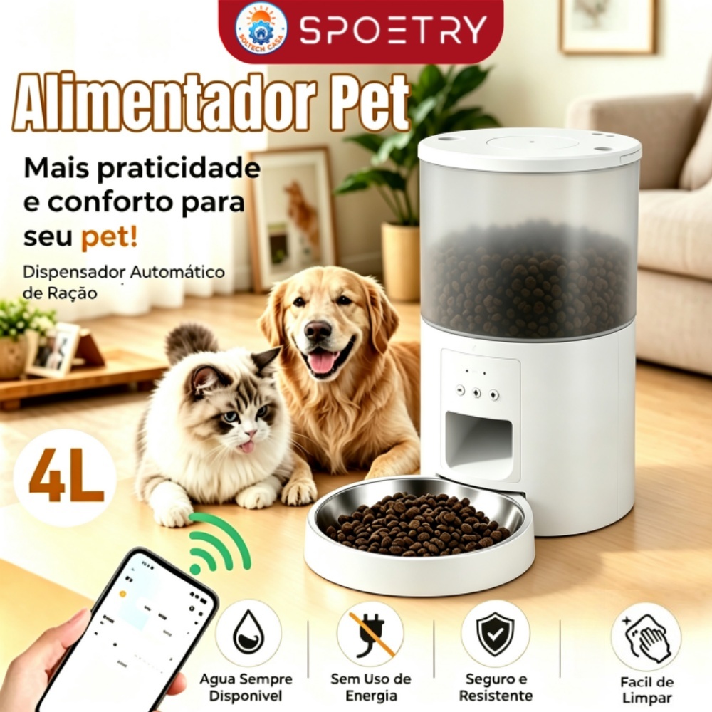 Alimentador Automático Pet 4L com Controle por Wi-Fi e Gravador de Voz