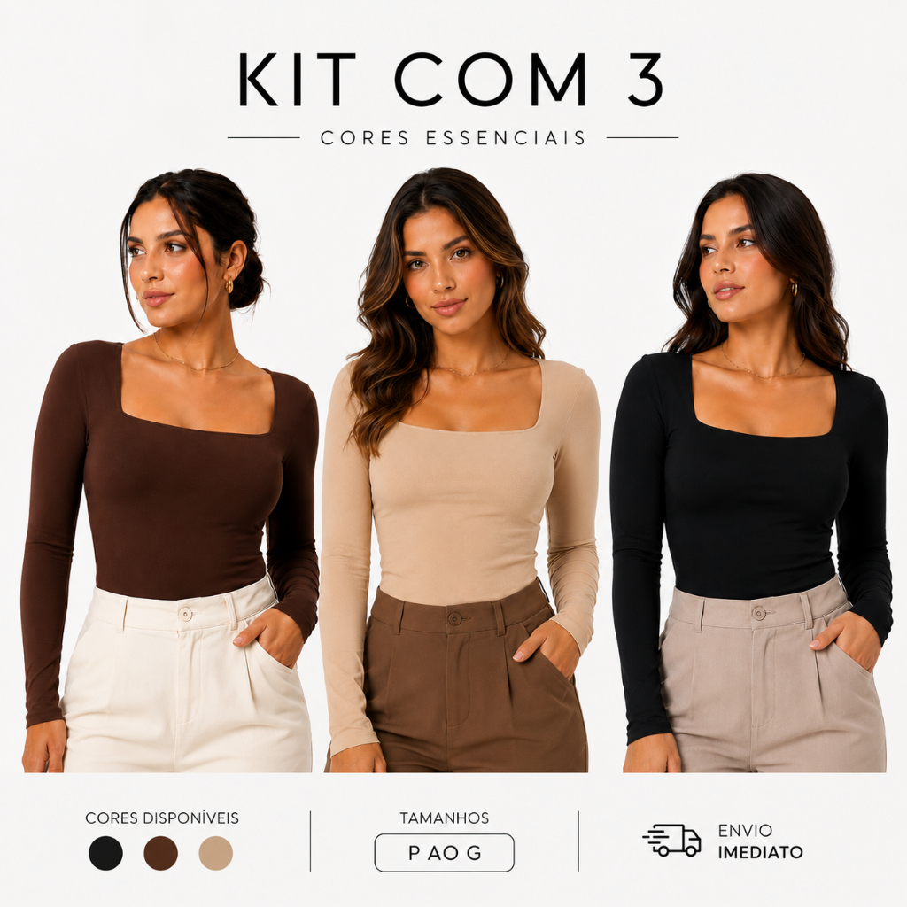Kit 3 body Feminino Manga Longa Suplex Decote Quadrado Forro no Busto