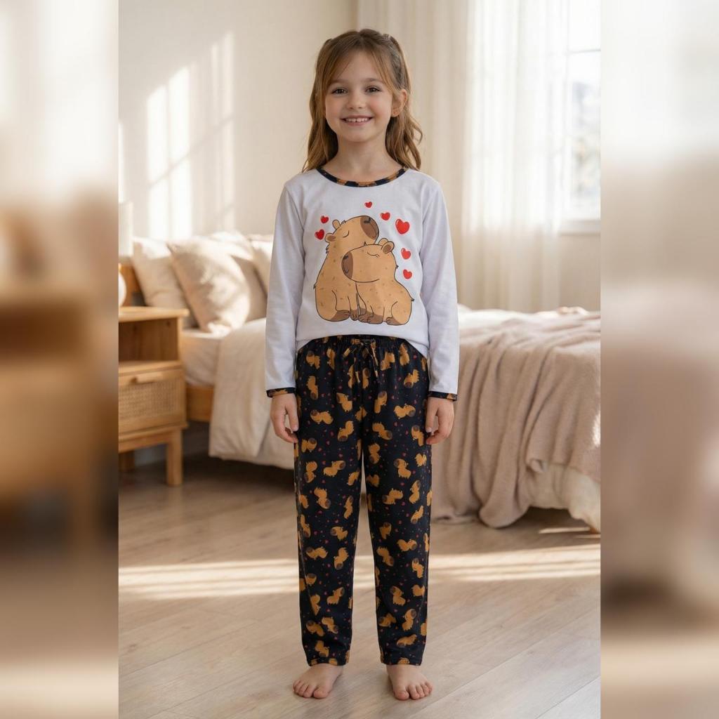Pijama longo infantil de frio estampa da capivara malha