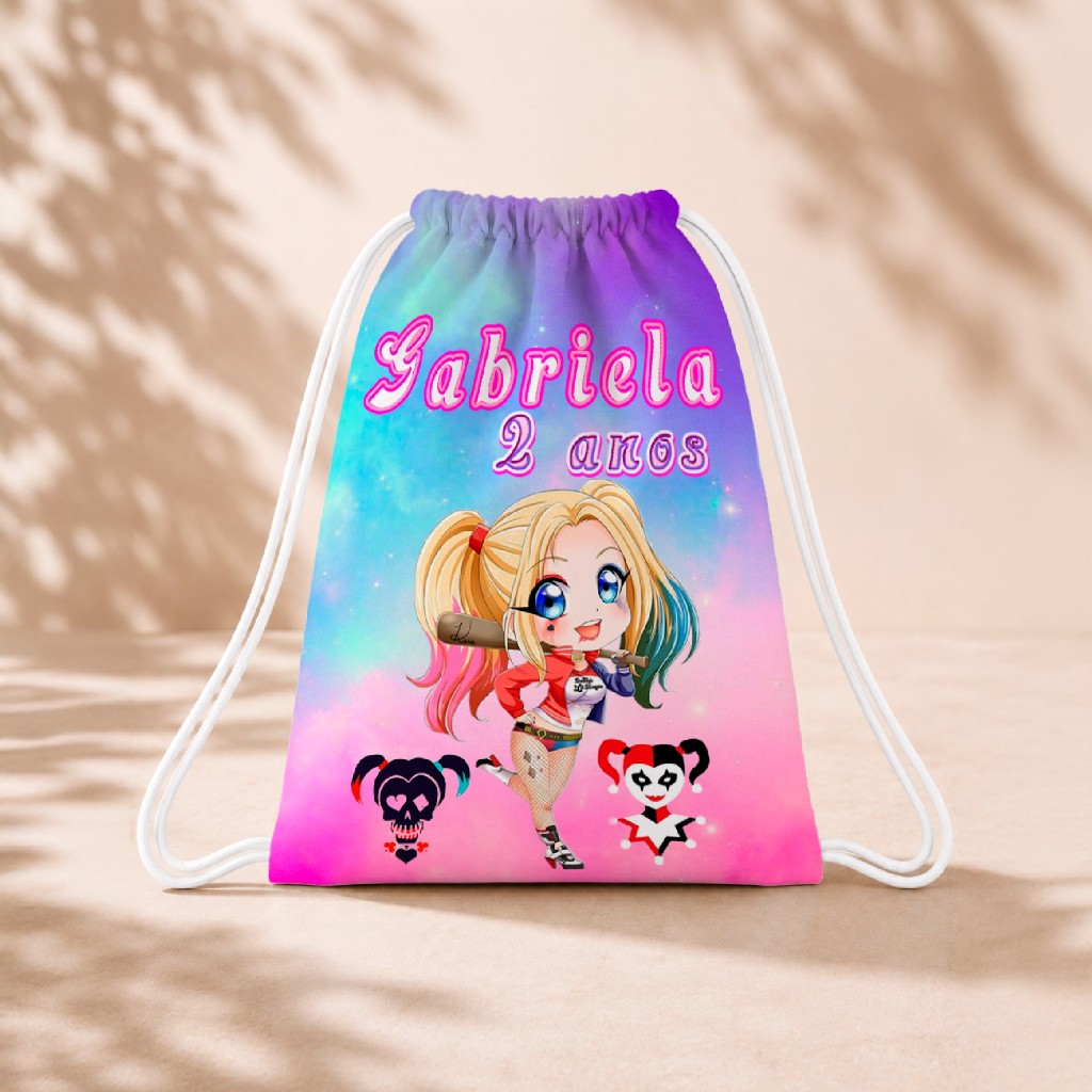 10 Mochila Personalizada Infantil 18x26 Sacolinhas Surpresa Festa Aniversário Lembrancinha Arlequina Cute