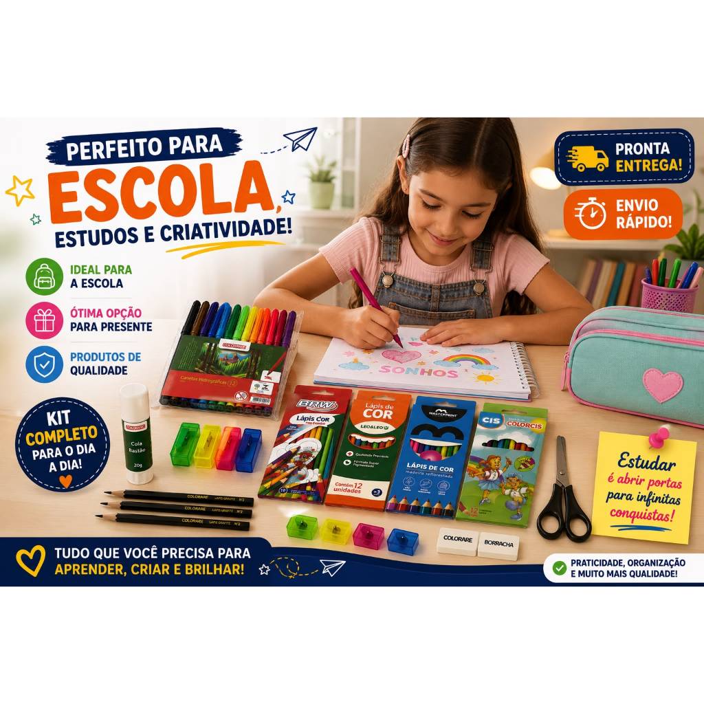 Kit Papelaria Escolar Completo com Cola, Tesoura, Canetas Hidrográficas, Lápis de Cor, Lápis Grafite, Borrachas e Aponta