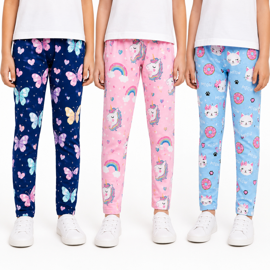 Kit com 3 Calças Legging Estampadas Infantis Tamanhos 1 a 14 | Estampas e Cores Sortidas