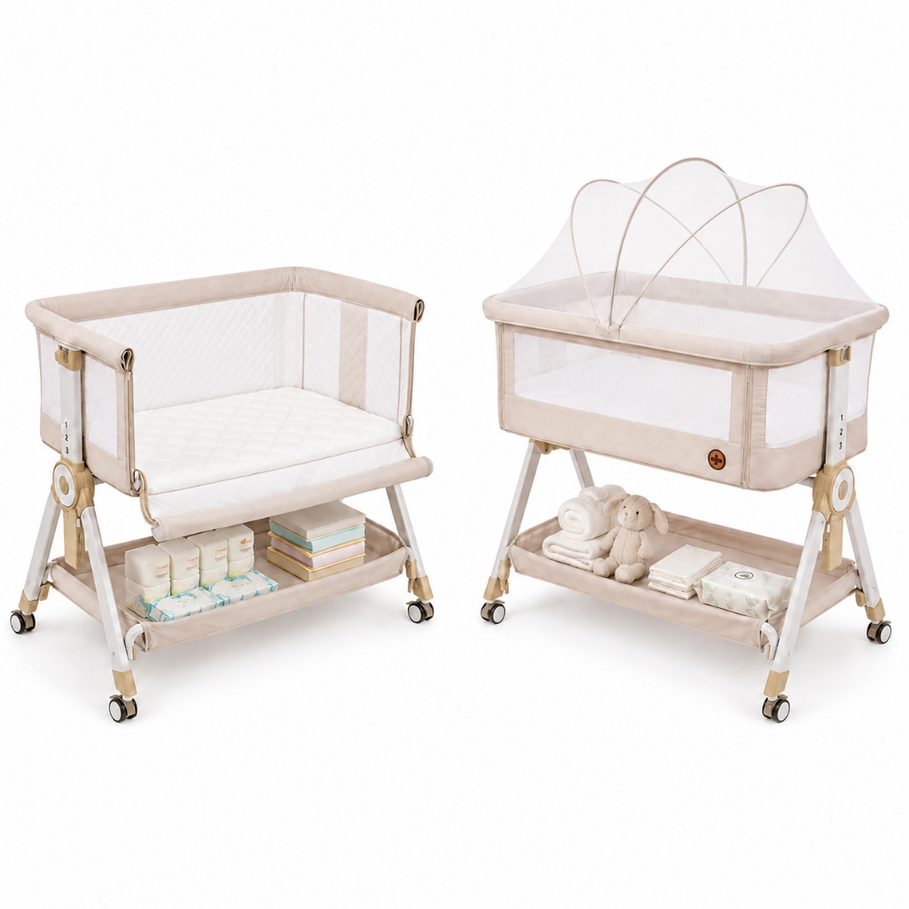 Berço Portátil Moises lateral de cama SleepGuard Cobed Bege Ragaluma com modo Balanço e Mosquiteiro
