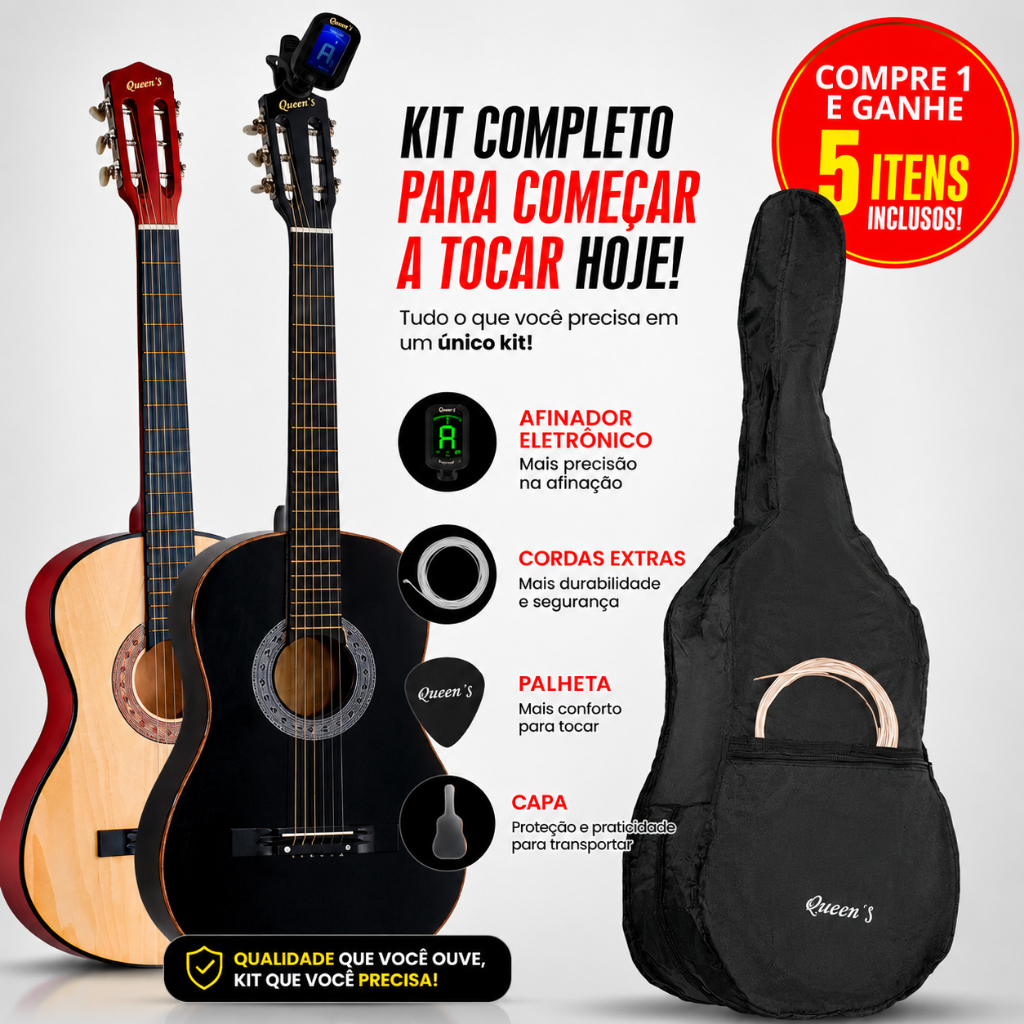 Kit Violão Musical Com Afinador e Capa Queen's Adulto Cordas Aço Acústico Instrumento Para Iniciantes